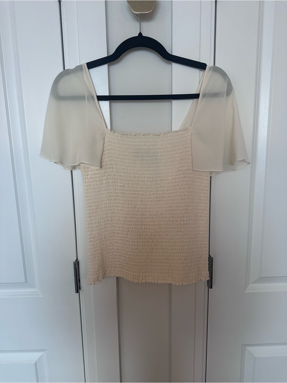 Theory Cream Smocked Flutter-Sleeve Top
